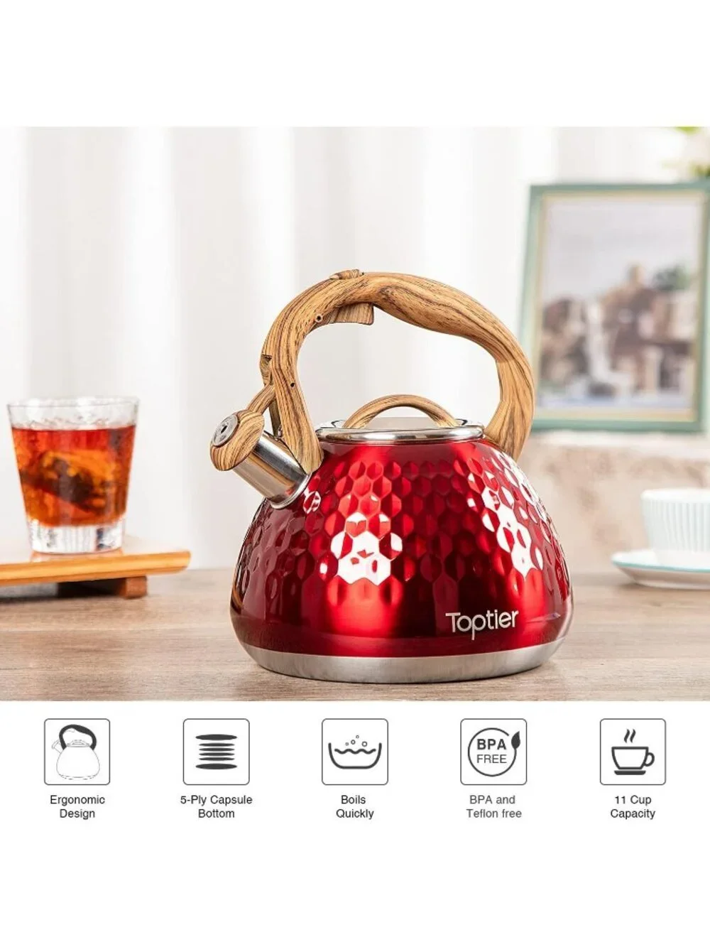Red Kitchen Whistling Tea Kettle 2.7-QT Stainless Steel Diamond Design Stovetop